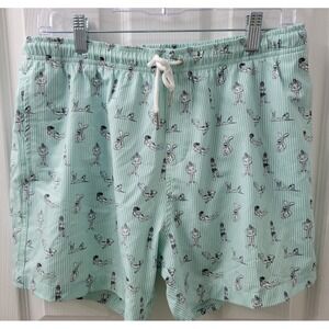 Bermies Swim Trunks Mens Medium Green‎ Stripe Scuba Snorkel Figures Mesh Lined